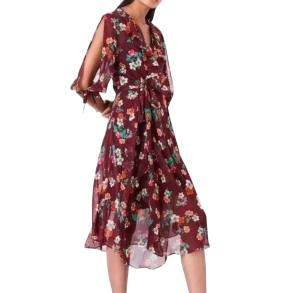 Maje Floral Midi Dress in Burgundy with Multicolor Floral Print